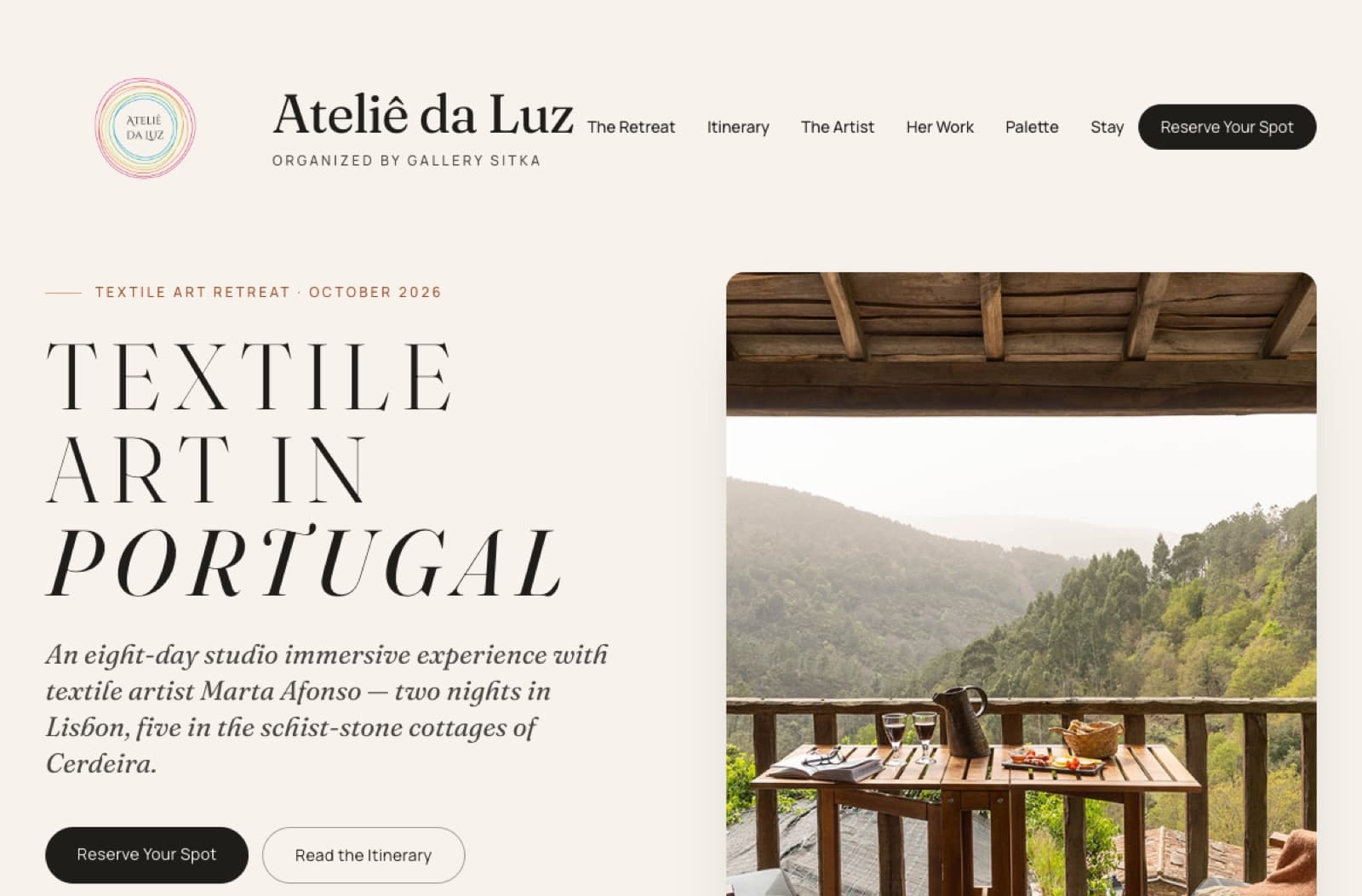 Ateliê da Luz website: cream editorial homepage for a textile art retreat in Portugal