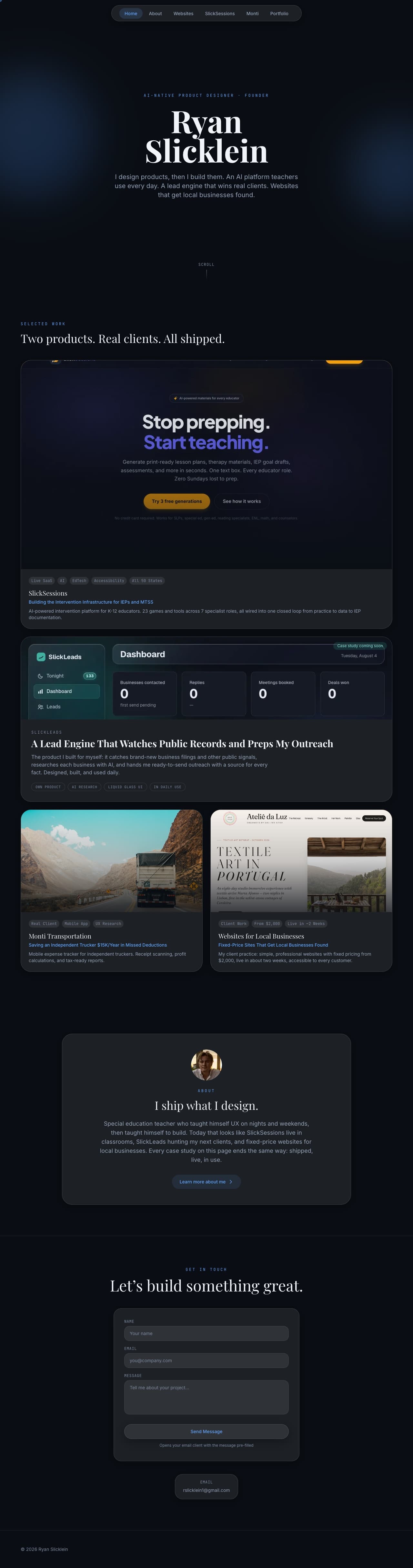 ryanslicklein.com homepage with dark glass design