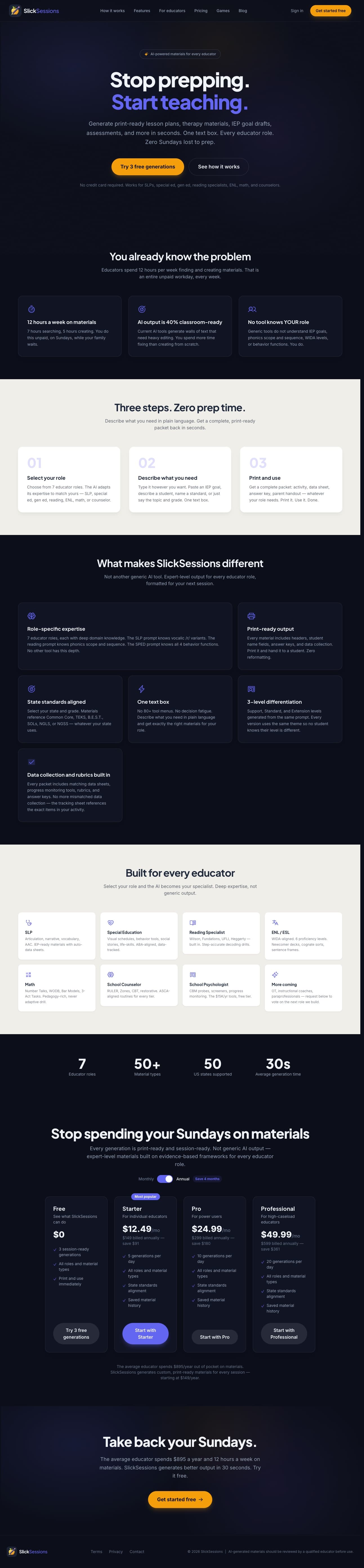 SlickSessions website landing page with product screenshots and signup calls to action