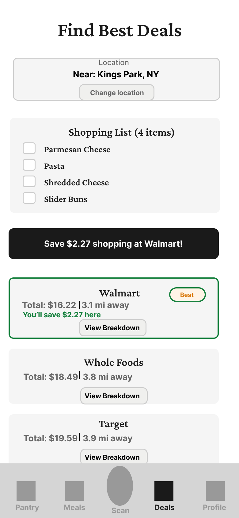Deals wireframe