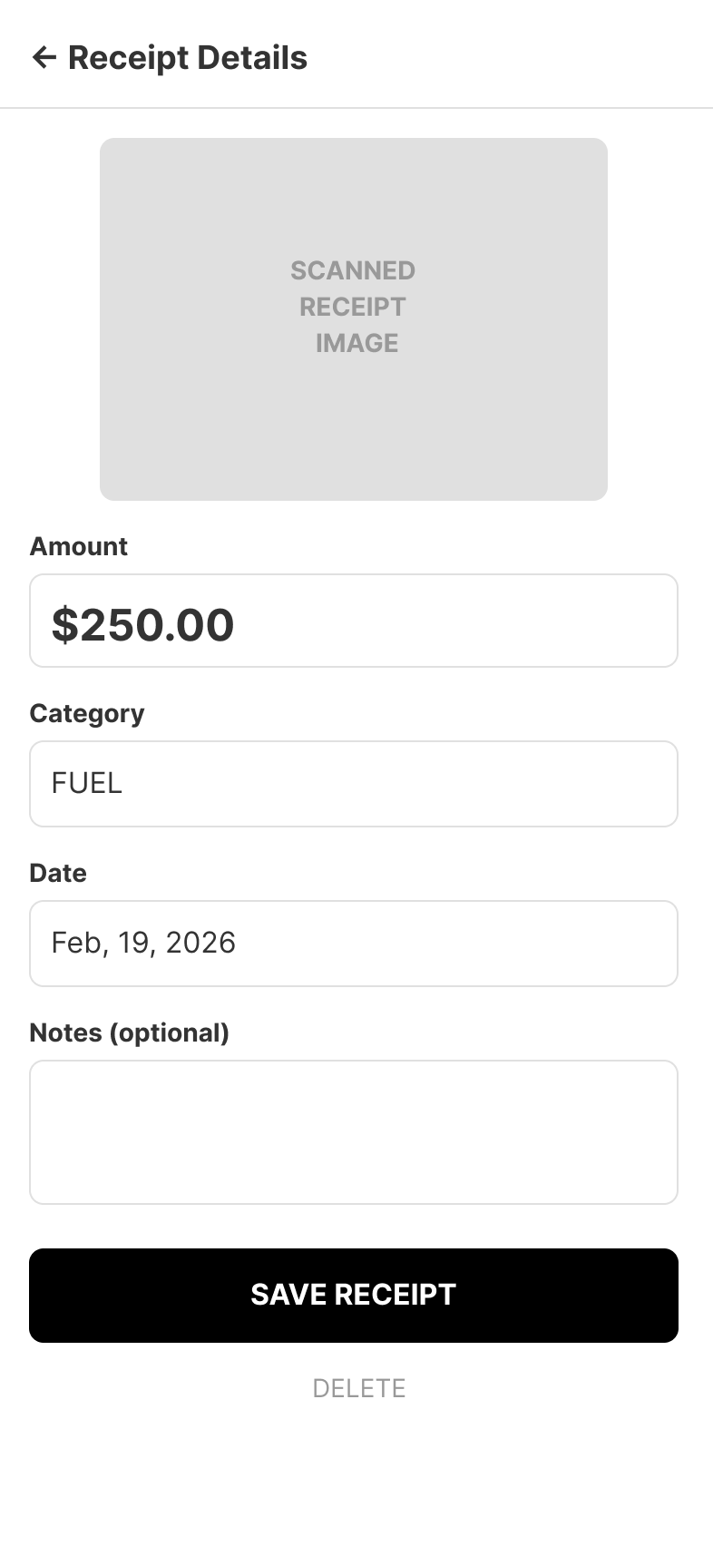 Receipt Details wireframe