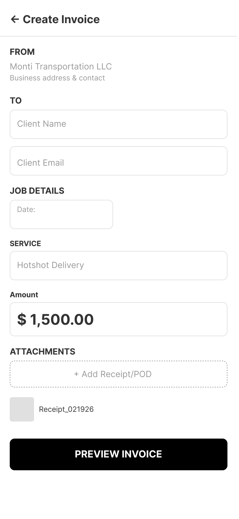 Create Invoice wireframe