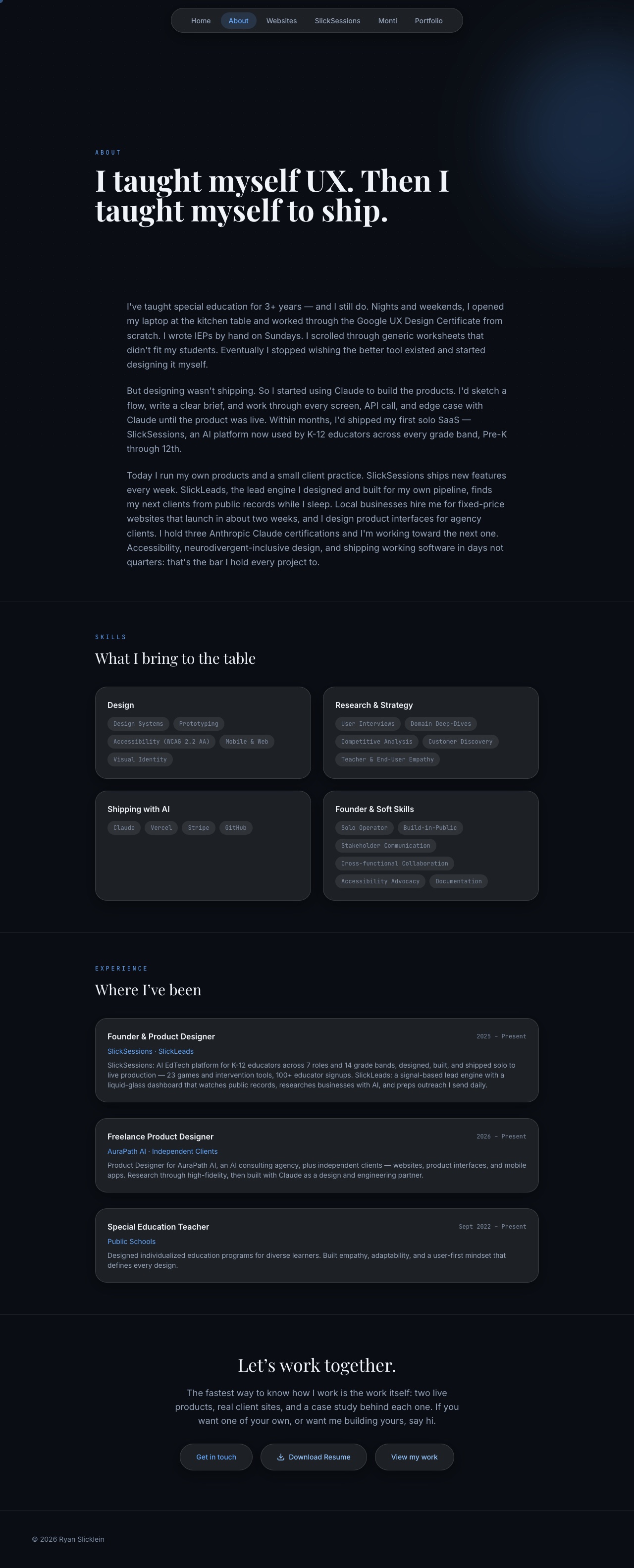 About page with founder narrative, skills, and experience
