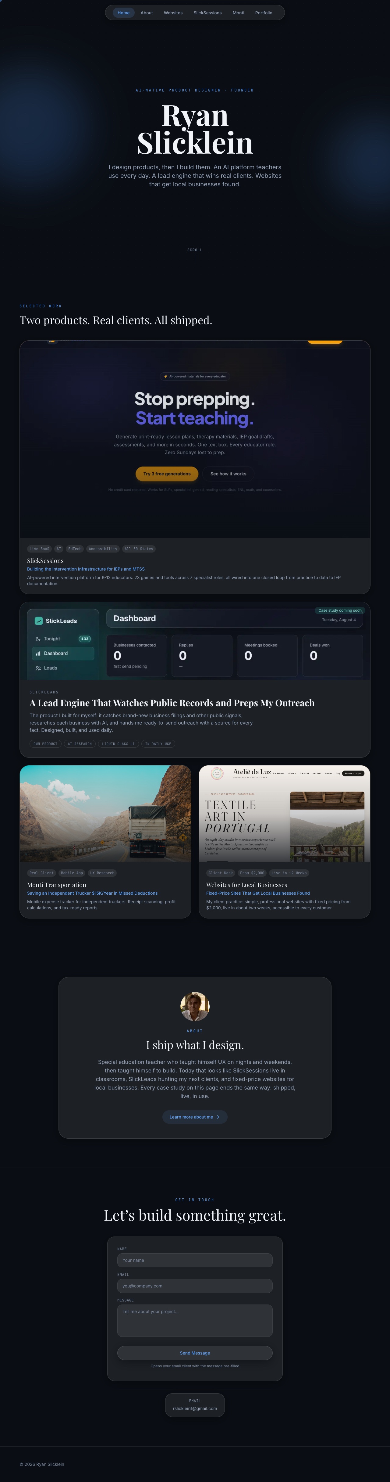 Portfolio homepage: founder story hero with SlickSessions, SlickLeads, Monti, and Websites cards