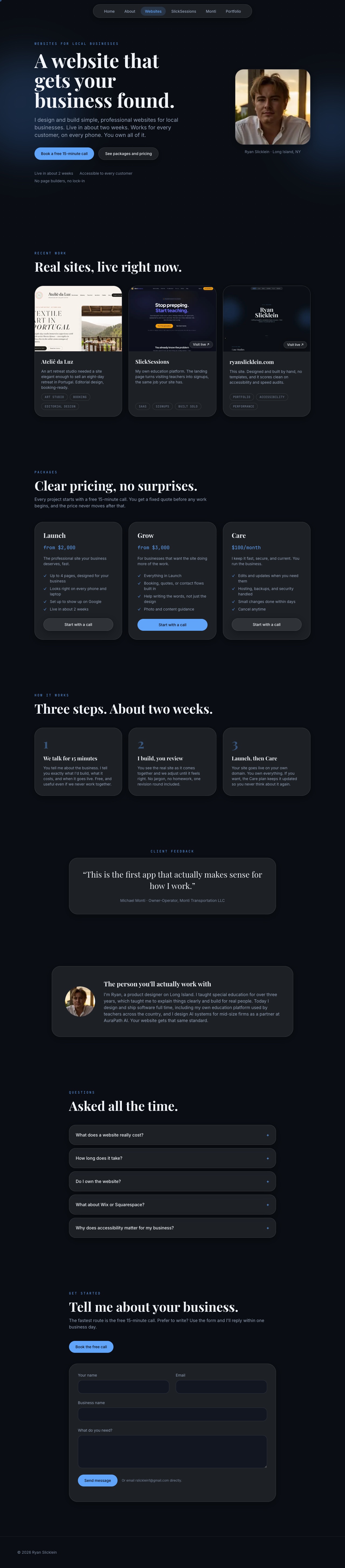 Websites for Local Businesses landing page with packages and proof