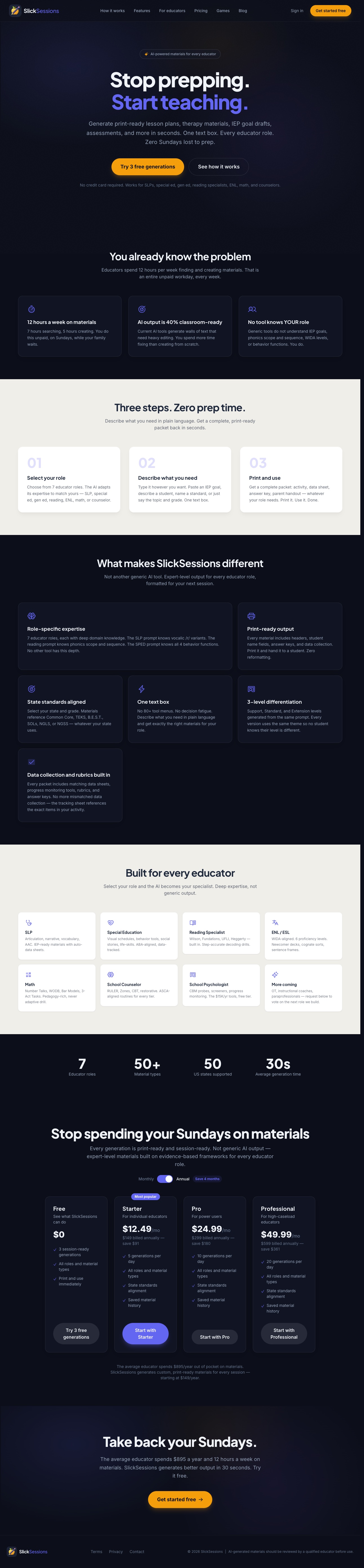 SlickSessions homepage with hero, role grid, and platform overview