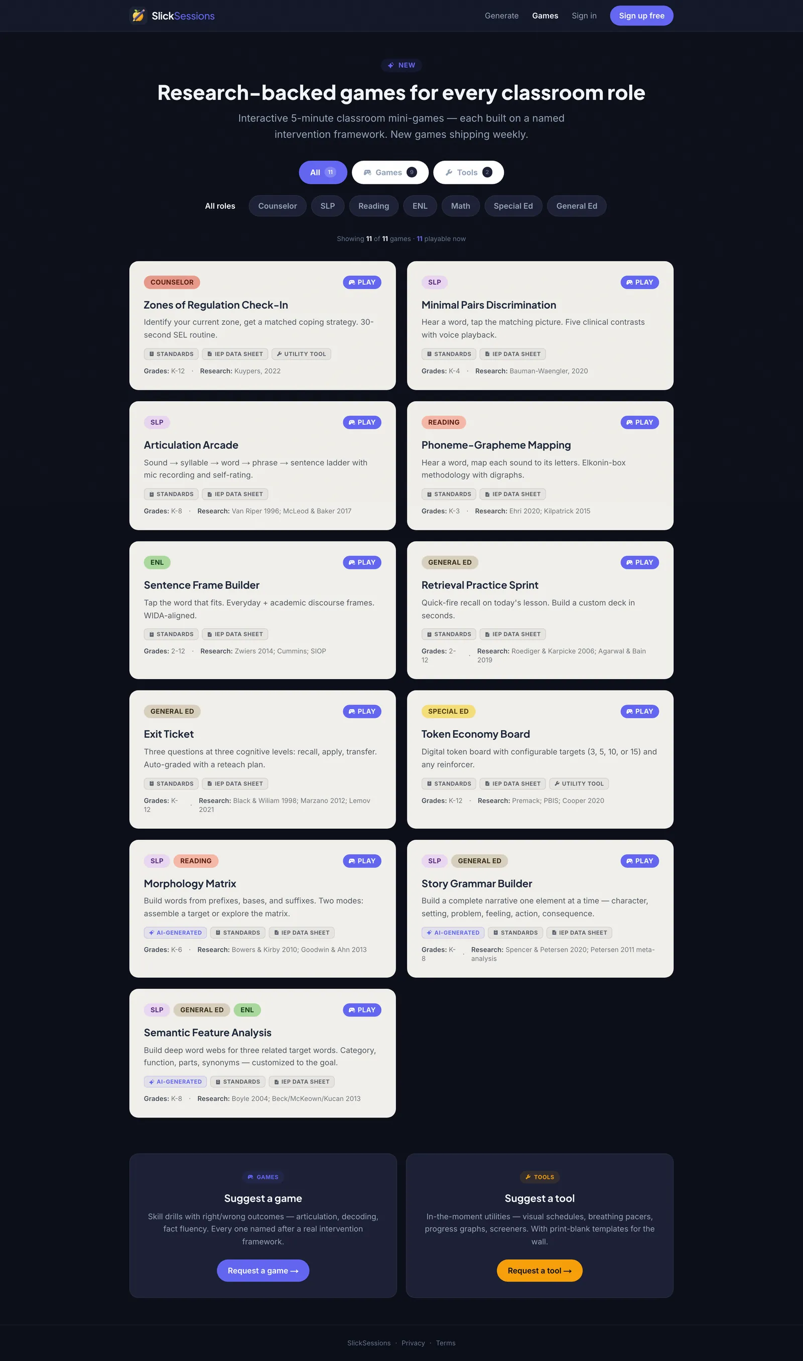 Games hub showing 23 tiles split into Games and Tools tabs with role-color coding