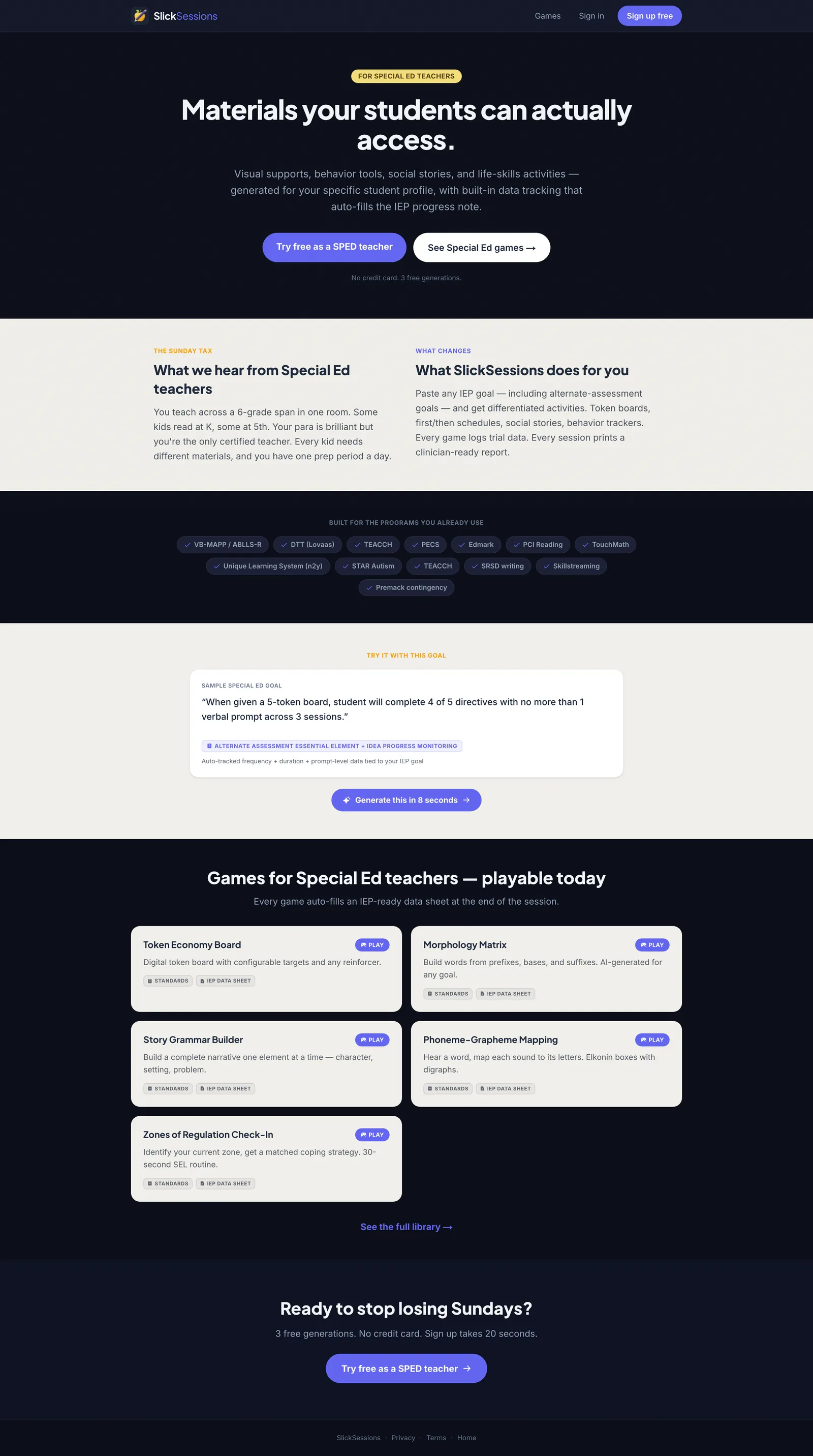 Special Education role landing page with hero, programs served, sample IEP goal, and role-specific games